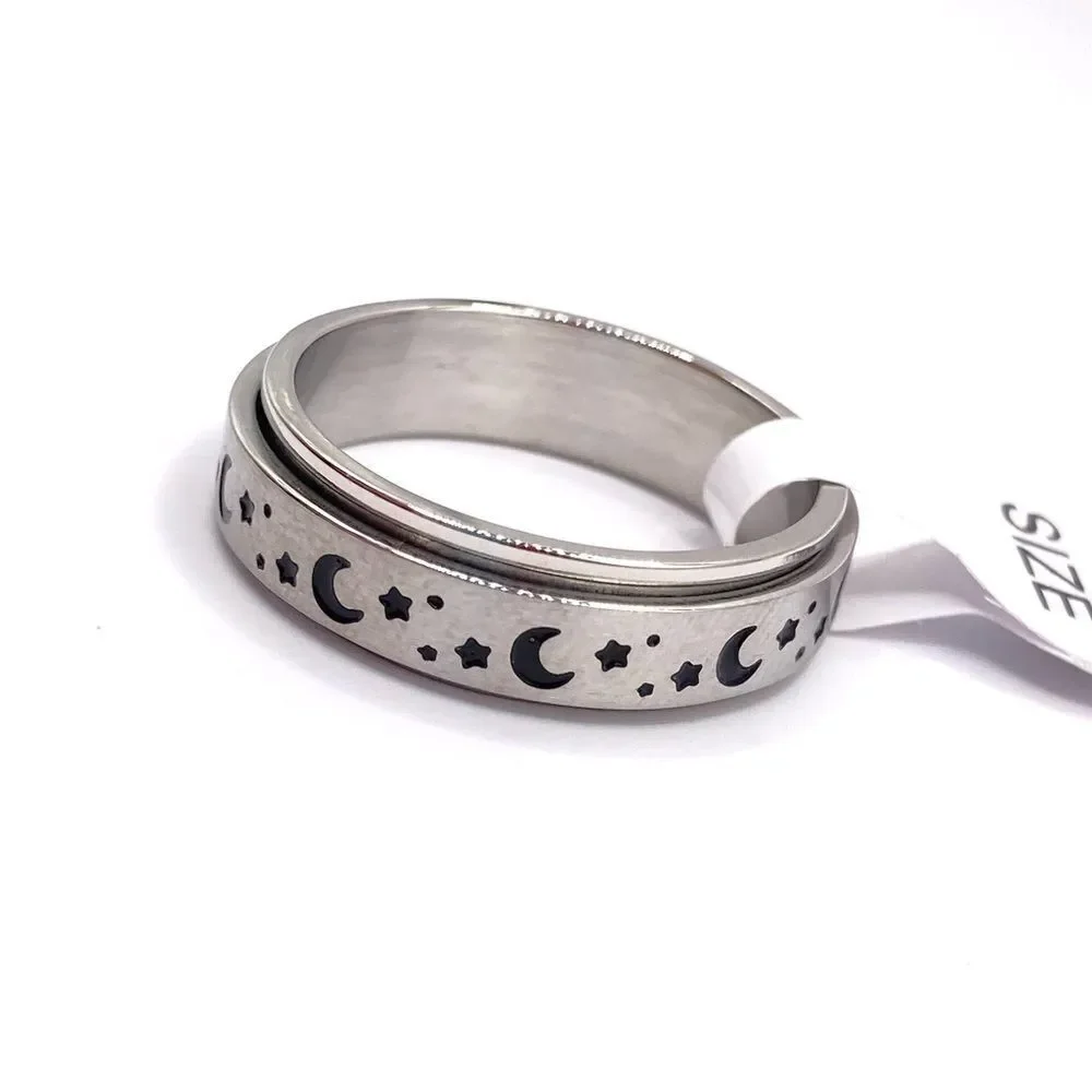 Anti Anxiety Stainless Steel Silver band Moon and Star Fidget Ring Size 9